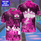 BlueJose Bowling Flame Pattern Multicolor Customized Name 3D Polo Shirt, Personalized Shirts For Bowling Players