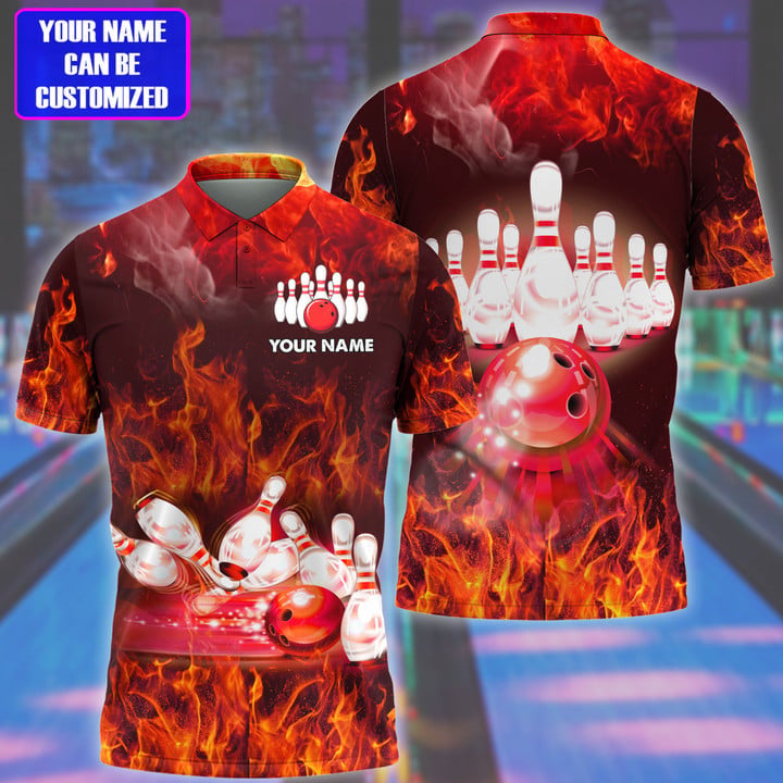 BlueJose Bowling Flame Pattern Multicolor Customized Name 3D Polo Shirt, Personalized Shirts For Bowling Players