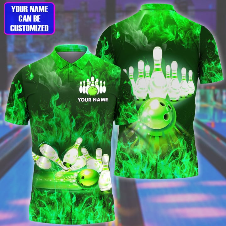 BlueJose Bowling Flame Pattern Multicolor Customized Name 3D Polo Shirt