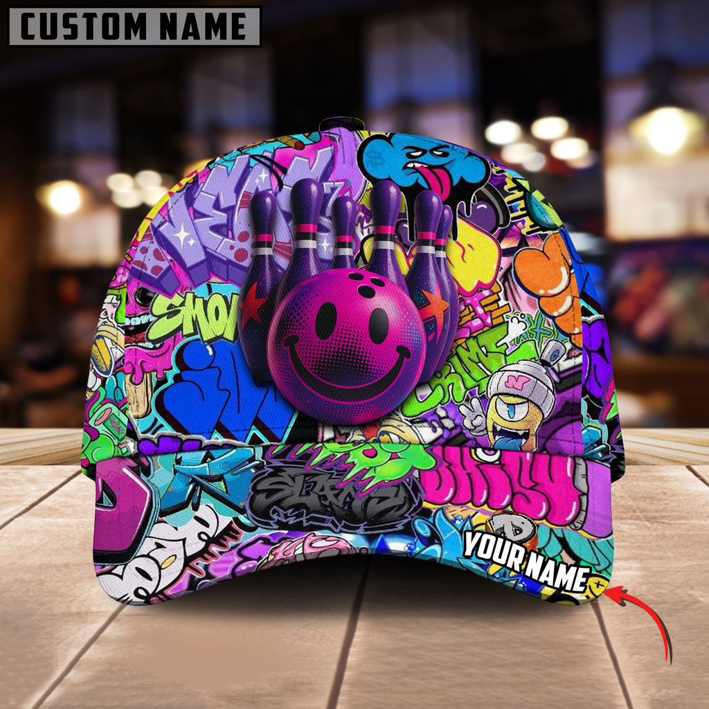 BlueJoses Bowling And Pins Graffiti Funny Smiley Personalized Name Cap
