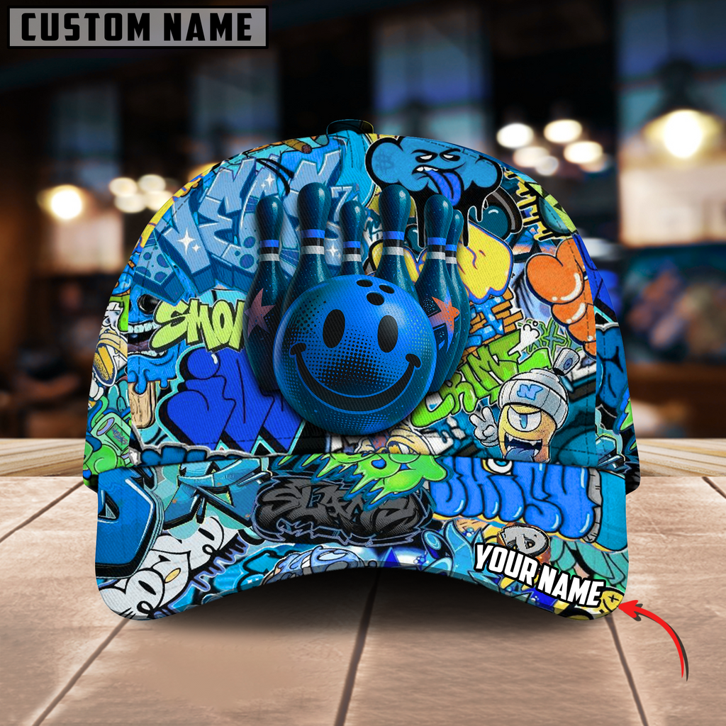 BlueJoses Bowling And Pins Graffiti Funny Smiley Personalized Name Cap
