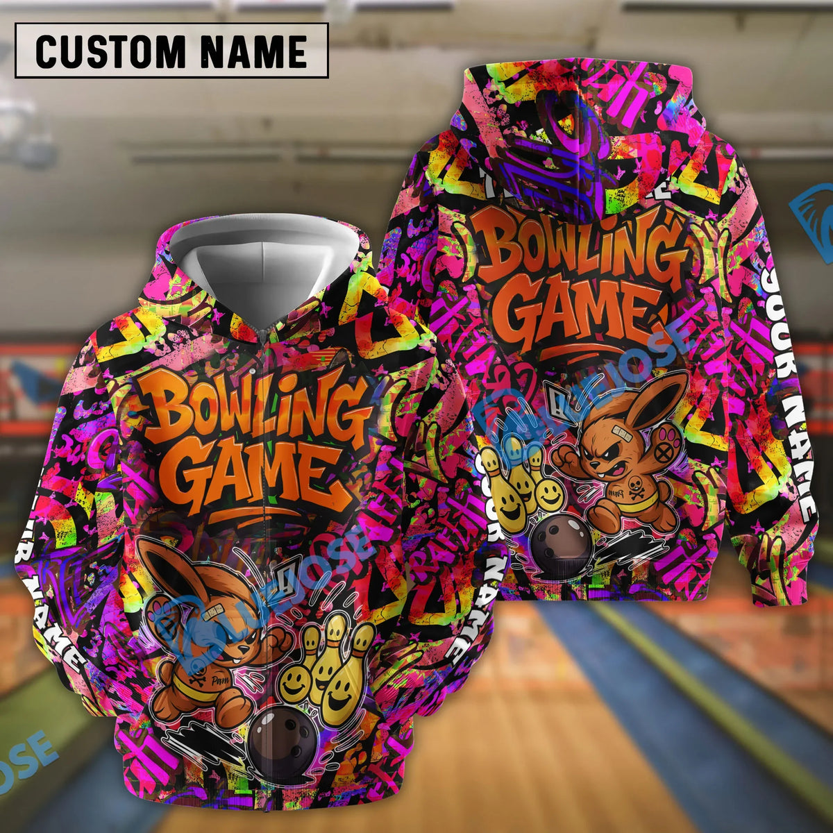 BlueJose Bowling And Pins Graffiti Colorful Bunny Customized Name, Team Name Shirt (4 Colors)