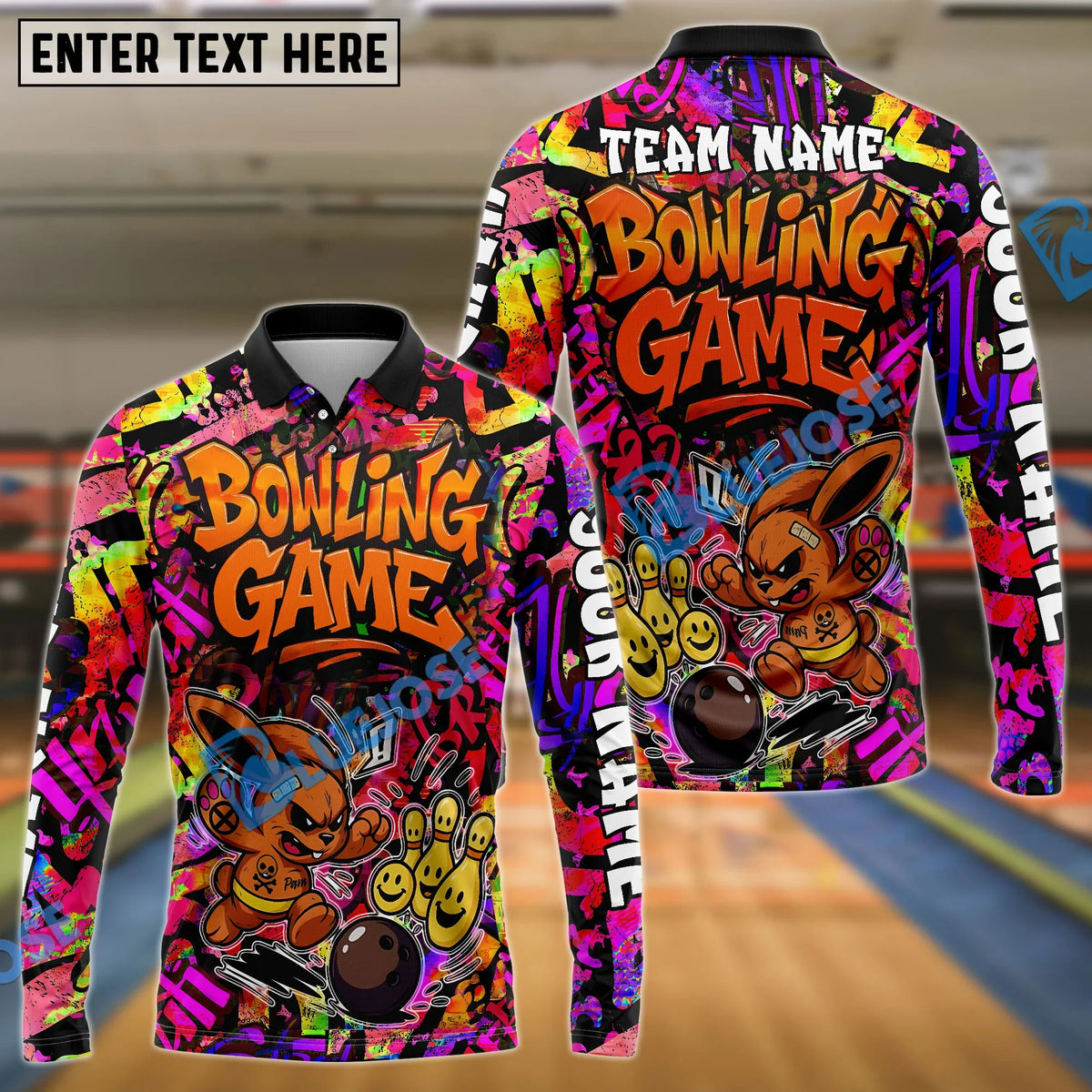 BlueJose Bowling And Pins Graffiti Colorful Bunny Customized Name, Team Name Shirt (4 Colors)