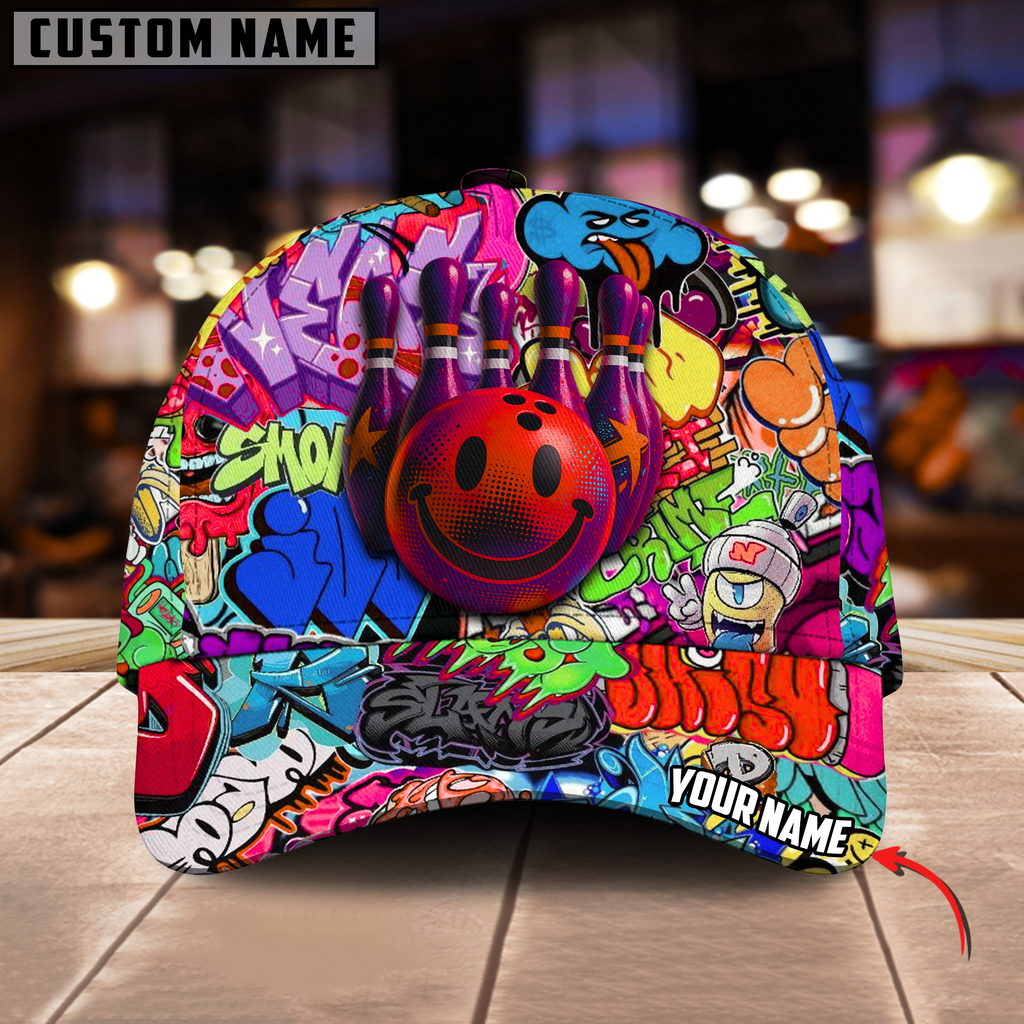 BlueJoses Bowling And Pins Graffiti Funny Smiley Personalized Name Cap