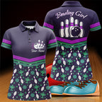 BlueJose Purple Bowling Ball And Pins Pattern Customized Name All Over Printed Shirt For Women