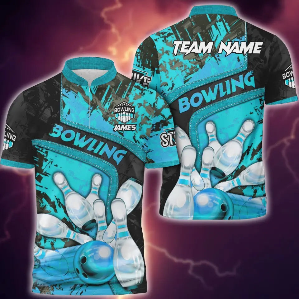 BlueJose Bowling And Pins Abstract Grunge and Multicolor Personalized Name, Team Name 3D Shirt