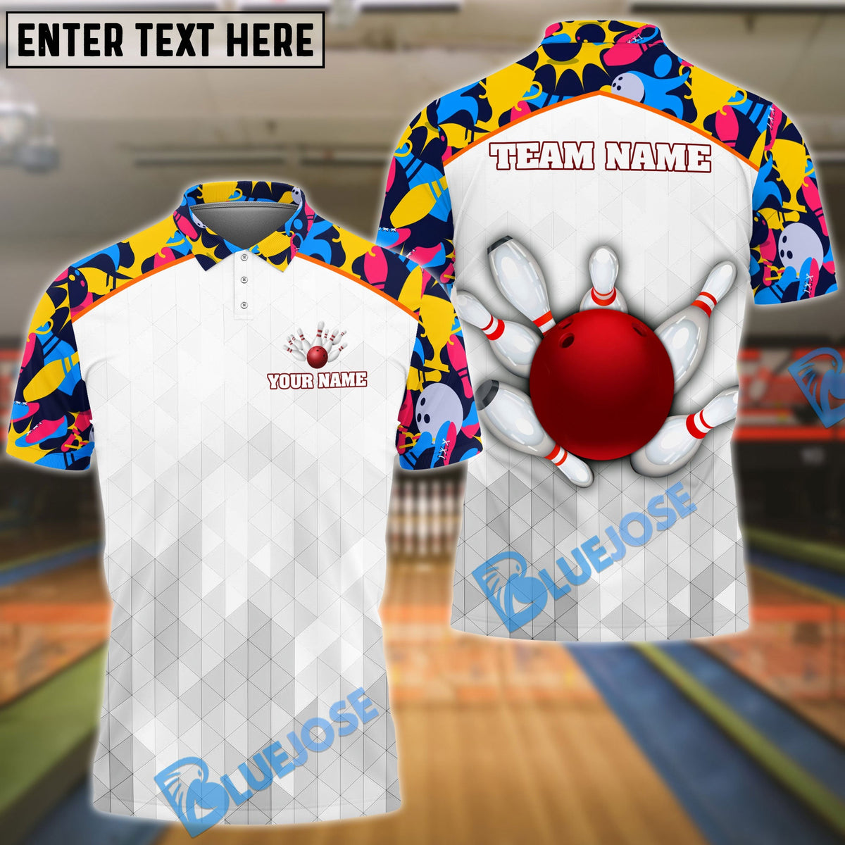 BlueJose Bowling And Pins Color Basic Customized Name, Team Name 3D Shirt (2 Colors)