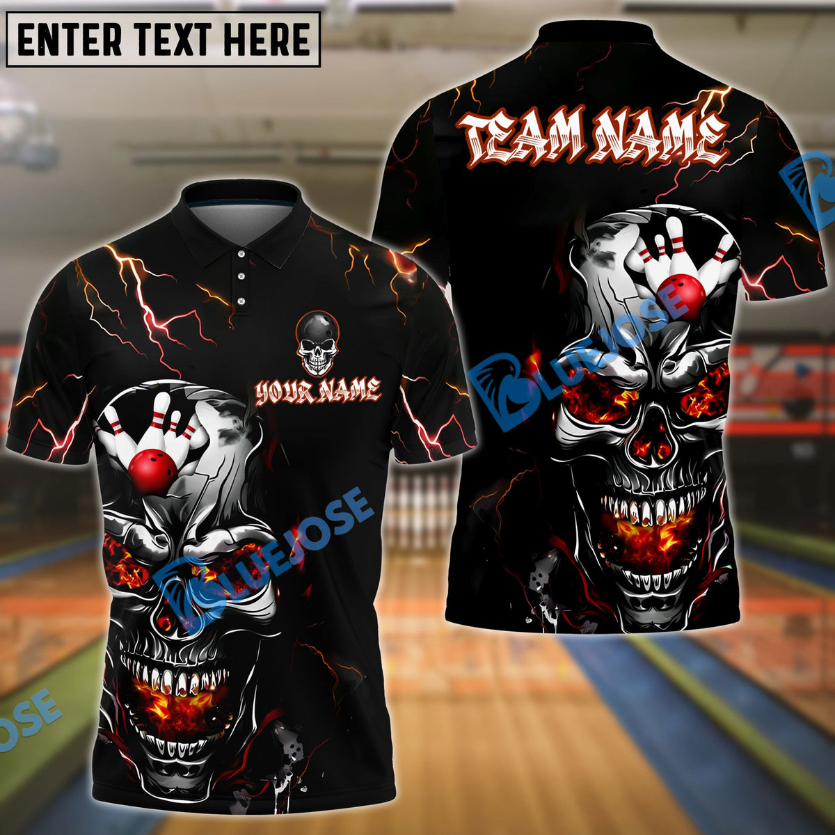BlueJose Bowling And Pins Fiery Skull Customized Name, Team Name 3D Shirt (4 Colors)