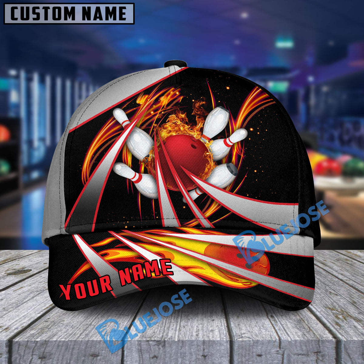 BlueJoses Flame Bowling And Pins Tornado Pattern Multicolor Personalized Name Cap