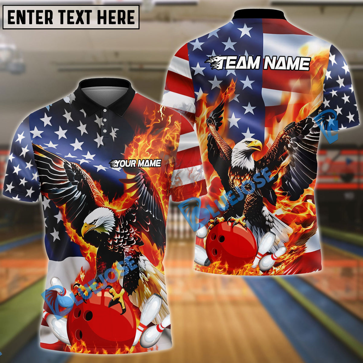 BlueJose Bowling And Pins Flame Eagle American Flag Customized Name, Team Name 3D Shirt (4 Colors)