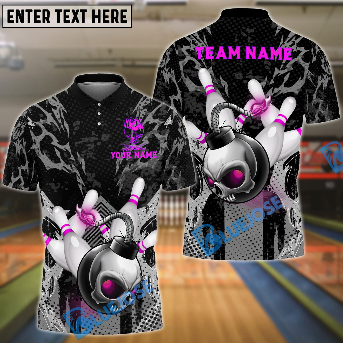 BlueJose Bowling And Pins Punisher Bomb Customized Name, Team Name 3D Shirt (4 Colors)