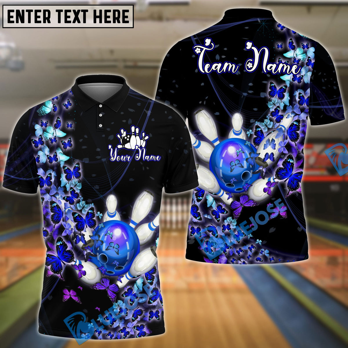 BlueJose Bowling And Pins Butterfly Flow Customized Name, Team Name 3D Shirt (4 Colors)
