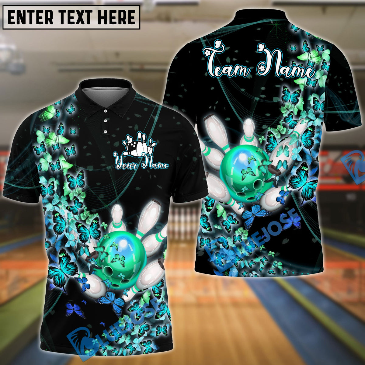 BlueJose Bowling And Pins Butterfly Flow Customized Name, Team Name 3D Shirt (4 Colors)