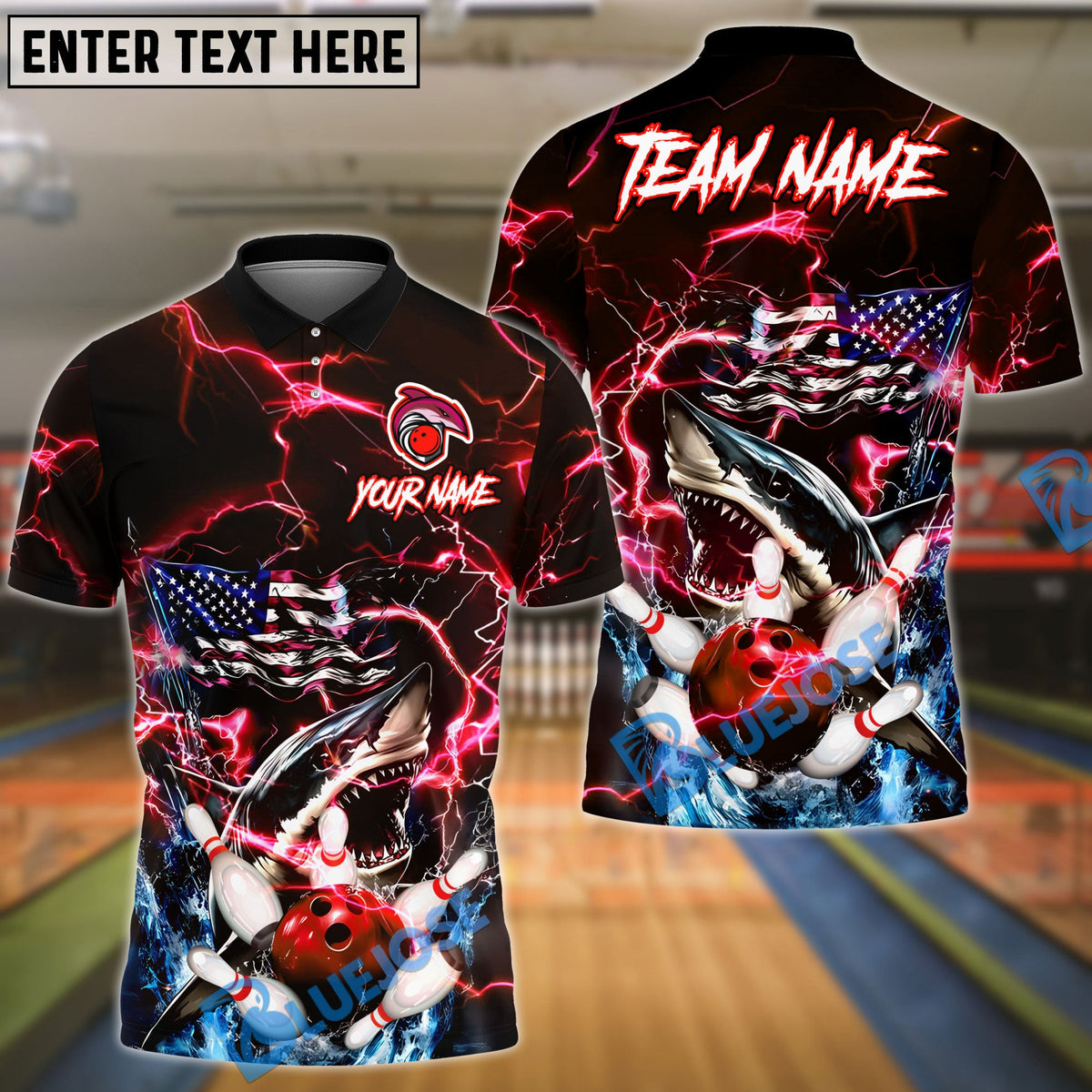 BlueJose Bowling And Pins Thunder American Flag Shark Customized Name, Team Name 3D Shirt (4 Colors)