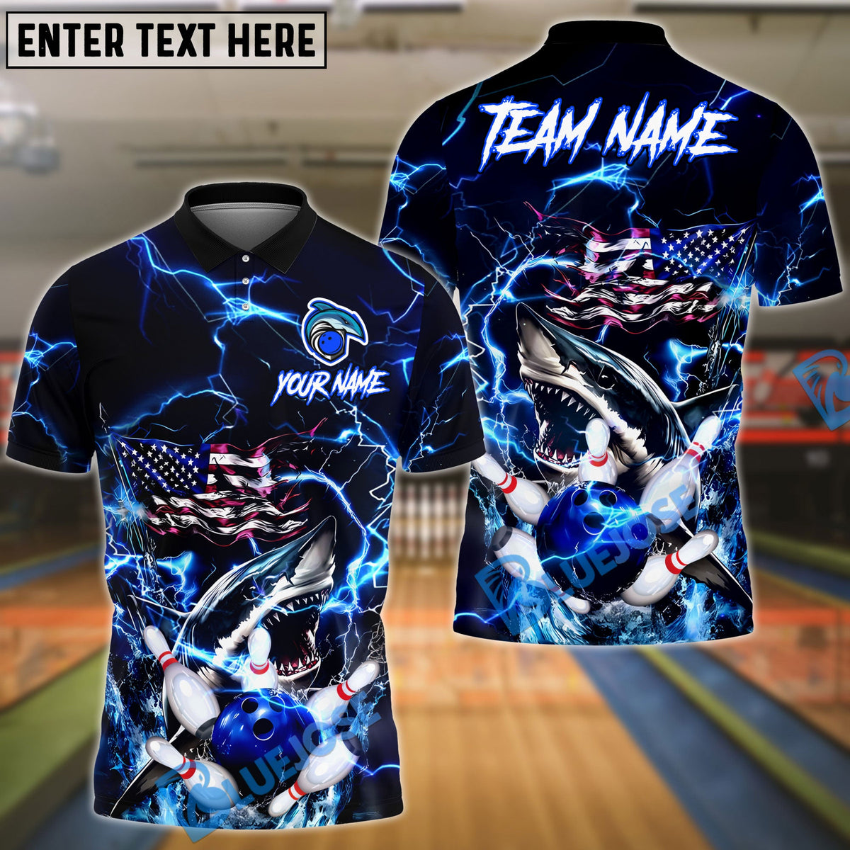 BlueJose Bowling And Pins Thunder American Flag Shark Customized Name, Team Name 3D Shirt (4 Colors)