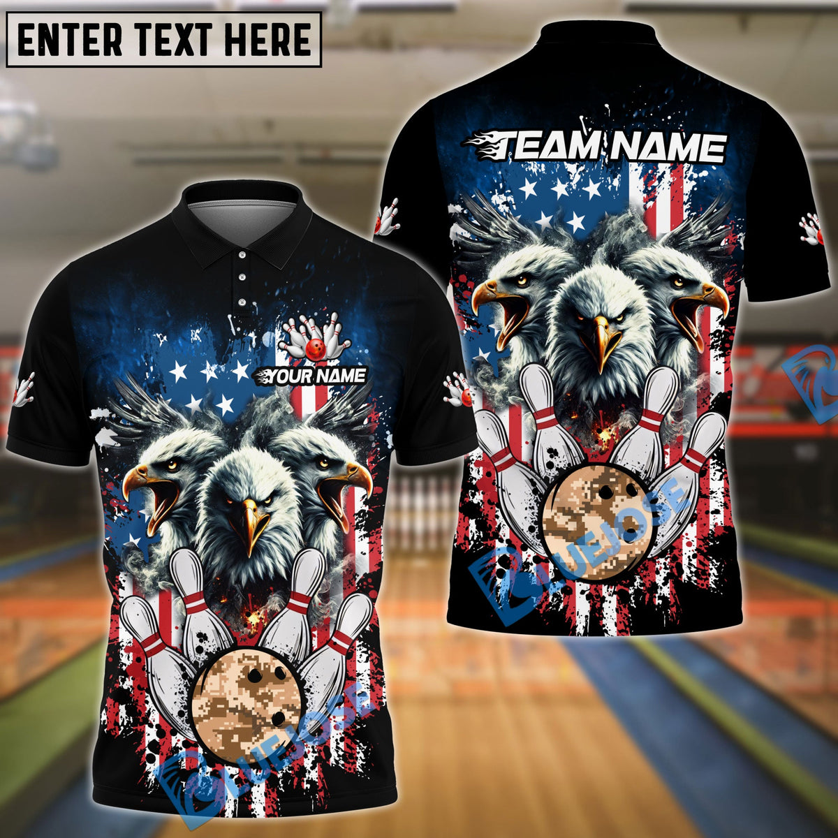 BlueJose Bowling And Pins American Flag Eagle Camo Ball Customized Name, Team Name 3D Shirt (4 Colors)