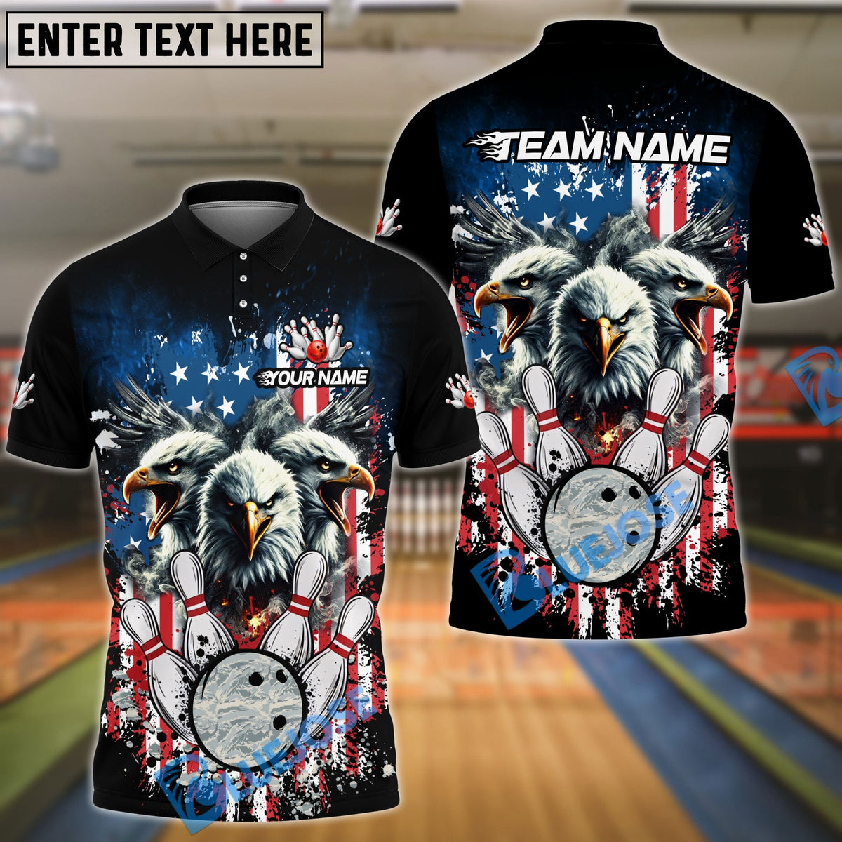 BlueJose Bowling And Pins American Flag Eagle Camo Ball Customized Name, Team Name 3D Shirt (4 Colors)