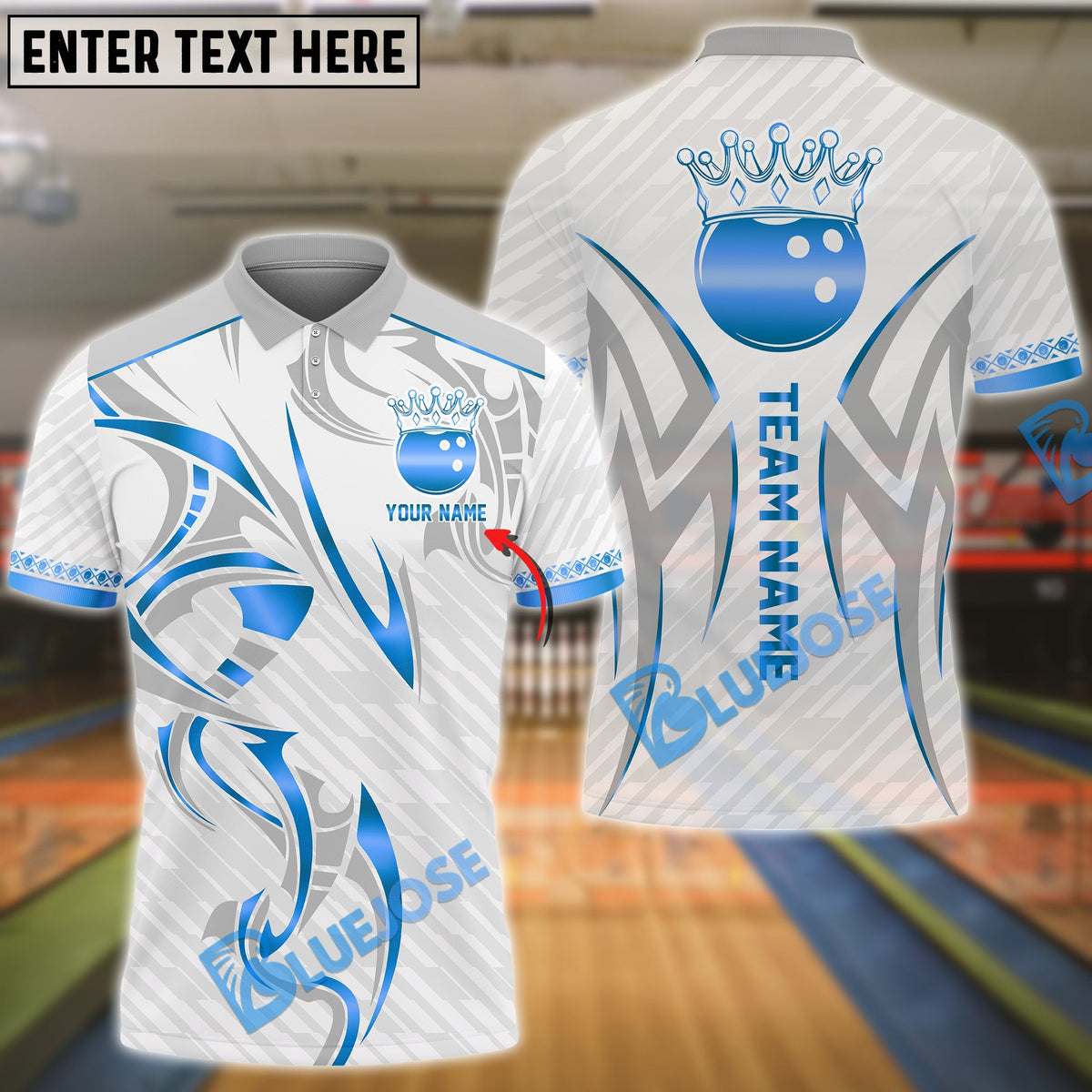 BlueJose Bowling And Pins White Royal Crown Design Customized Name, Team Name 3D Shirt (4 Colors)