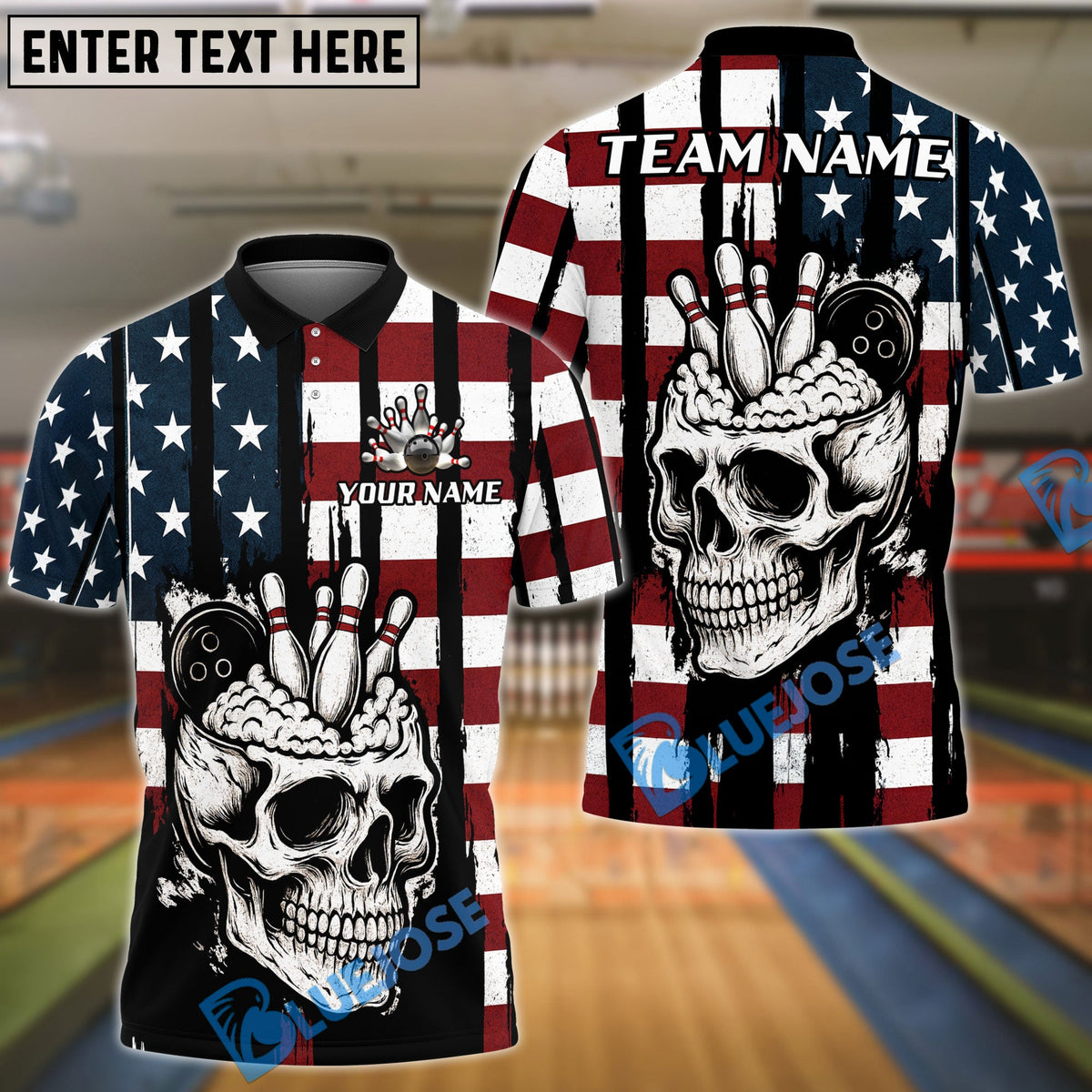 BlueJose Bowling American Flag Skull Brain Personalized Name, Team Name Unisex Shirt