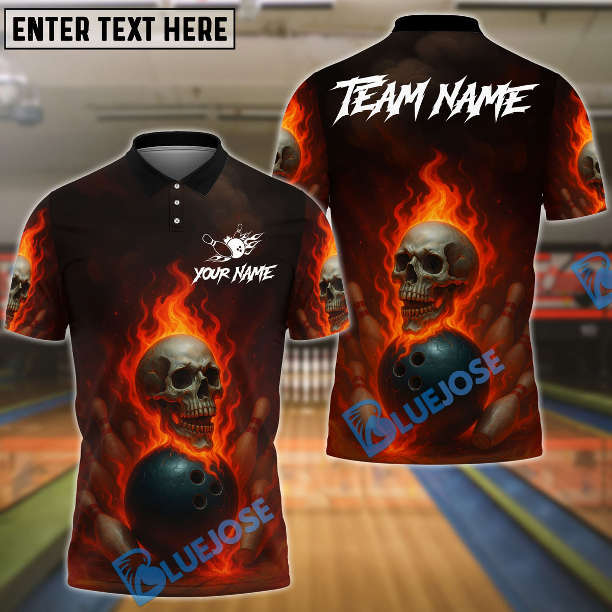 BlueJose Bowling And Pins Fire Skull Lane Streetwear Customized Name, Team Name 3D Shirt (4 Colors)