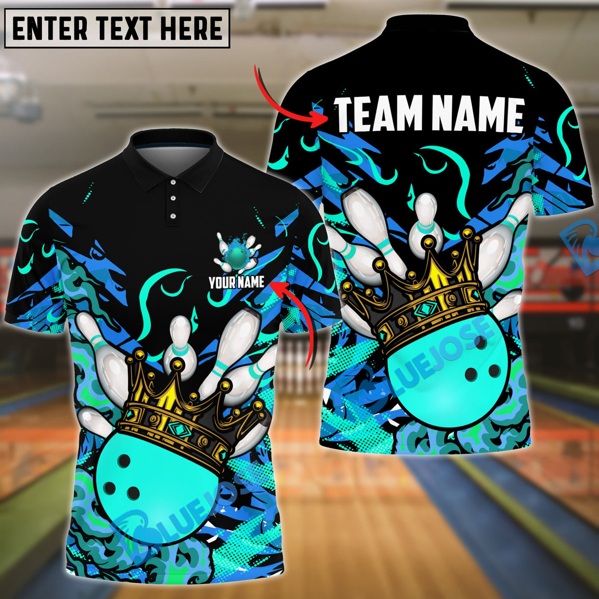 BlueJose Bowling And Pins Burning King Crown Customized Name, Team Name 3D Shirt (4 Colors)