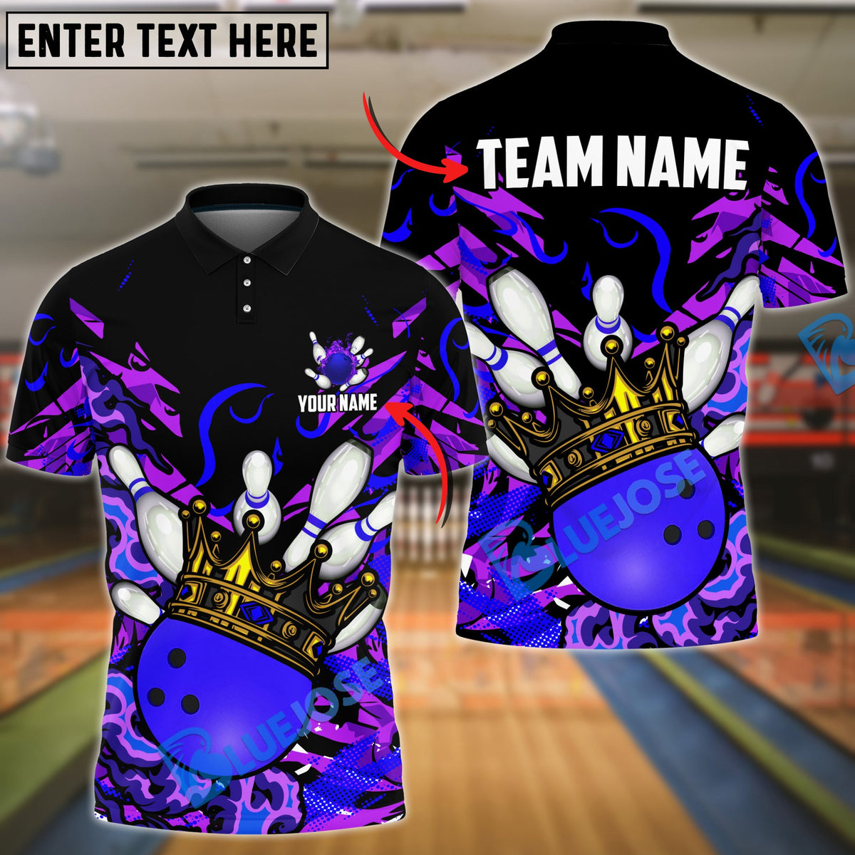 BlueJose Bowling And Pins Burning King Crown Customized Name, Team Name 3D Shirt (4 Colors)