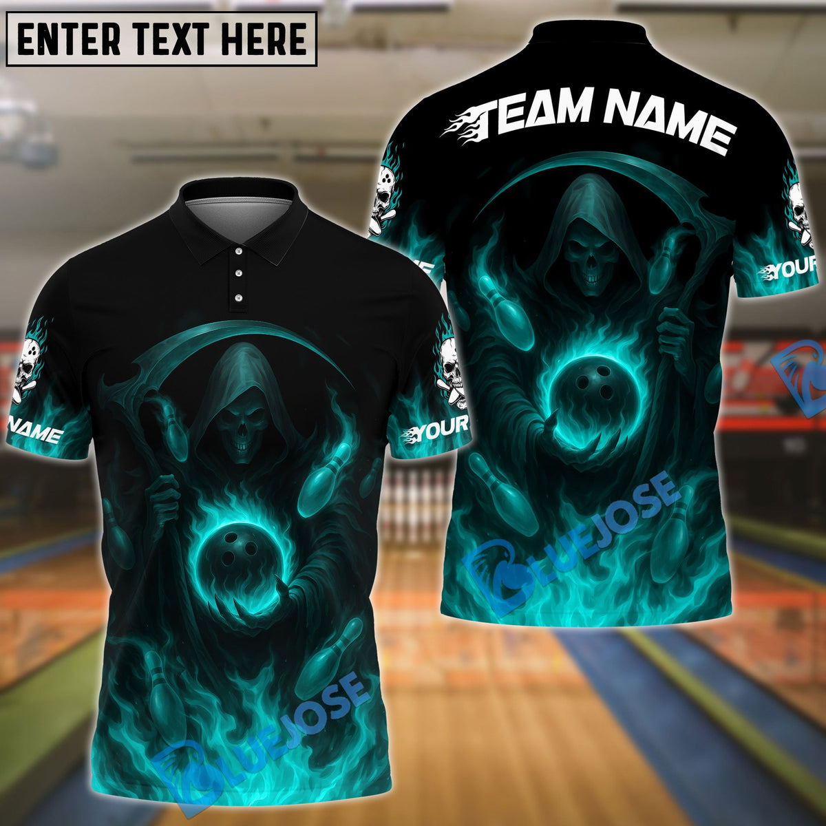 BlueJose Bowling And Pins Flaming Reaper Customized Name, Team Name 3D Shirt (4 Colors)