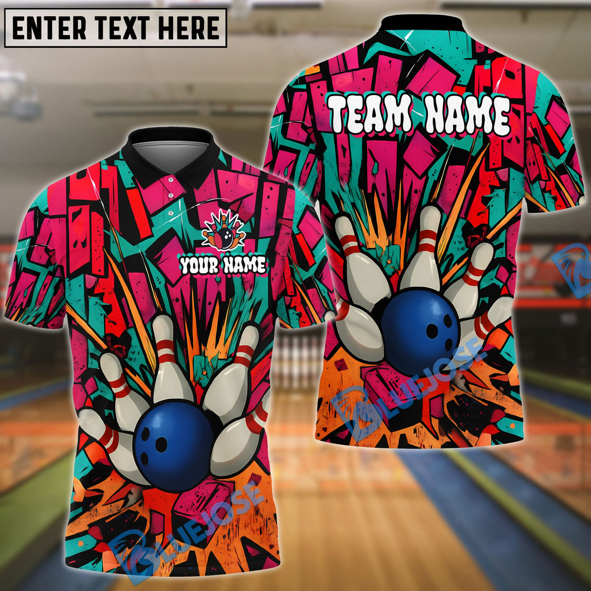 BlueJose Bowling And Pins Oldschool Graffiti Customized Name, Team Name 3D Shirt (4 Colors)