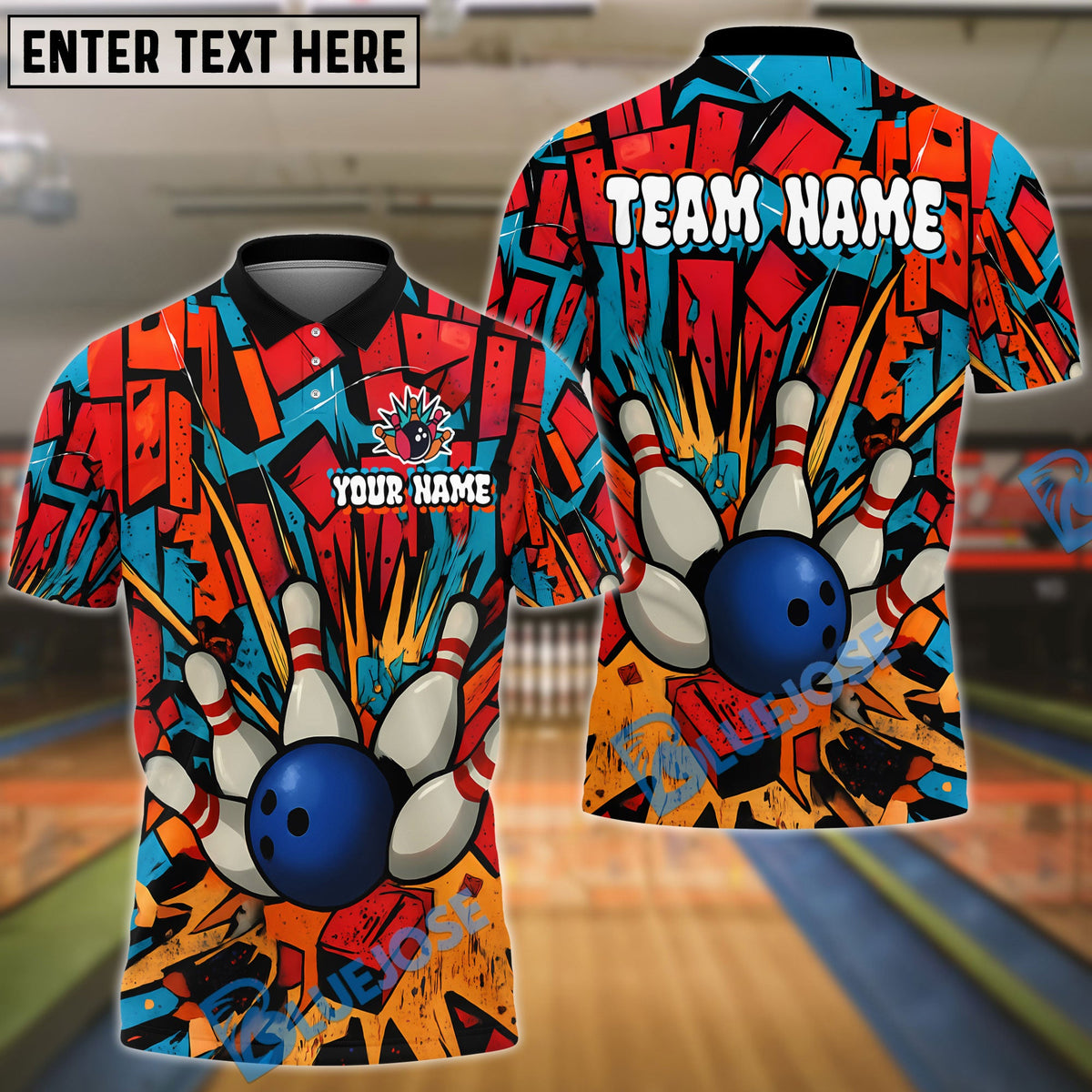 BlueJose Bowling And Pins Oldschool Graffiti Customized Name, Team Name 3D Shirt (4 Colors)