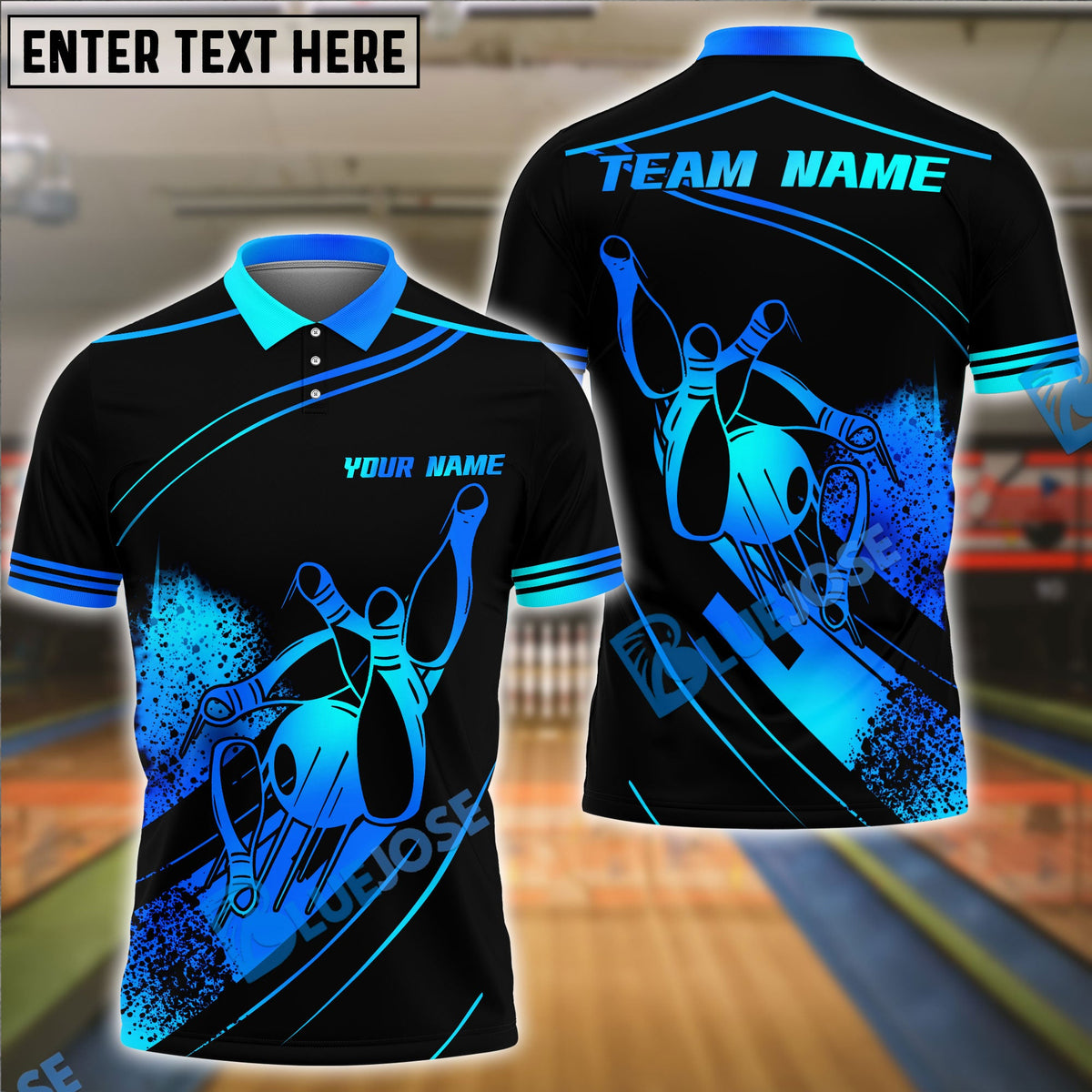 BlueJose Bowling And Pins Dynamic Throw Pose Gold Splatter Art Customized Name, Team Name 3D Shirt (4 Colors)
