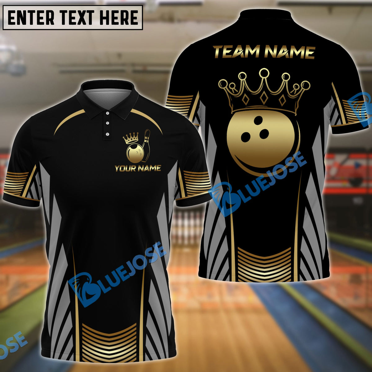BlueJose Bowling And Pins Golden Crown Design Customized Name, Team Name 3D Shirt (4 Colors)