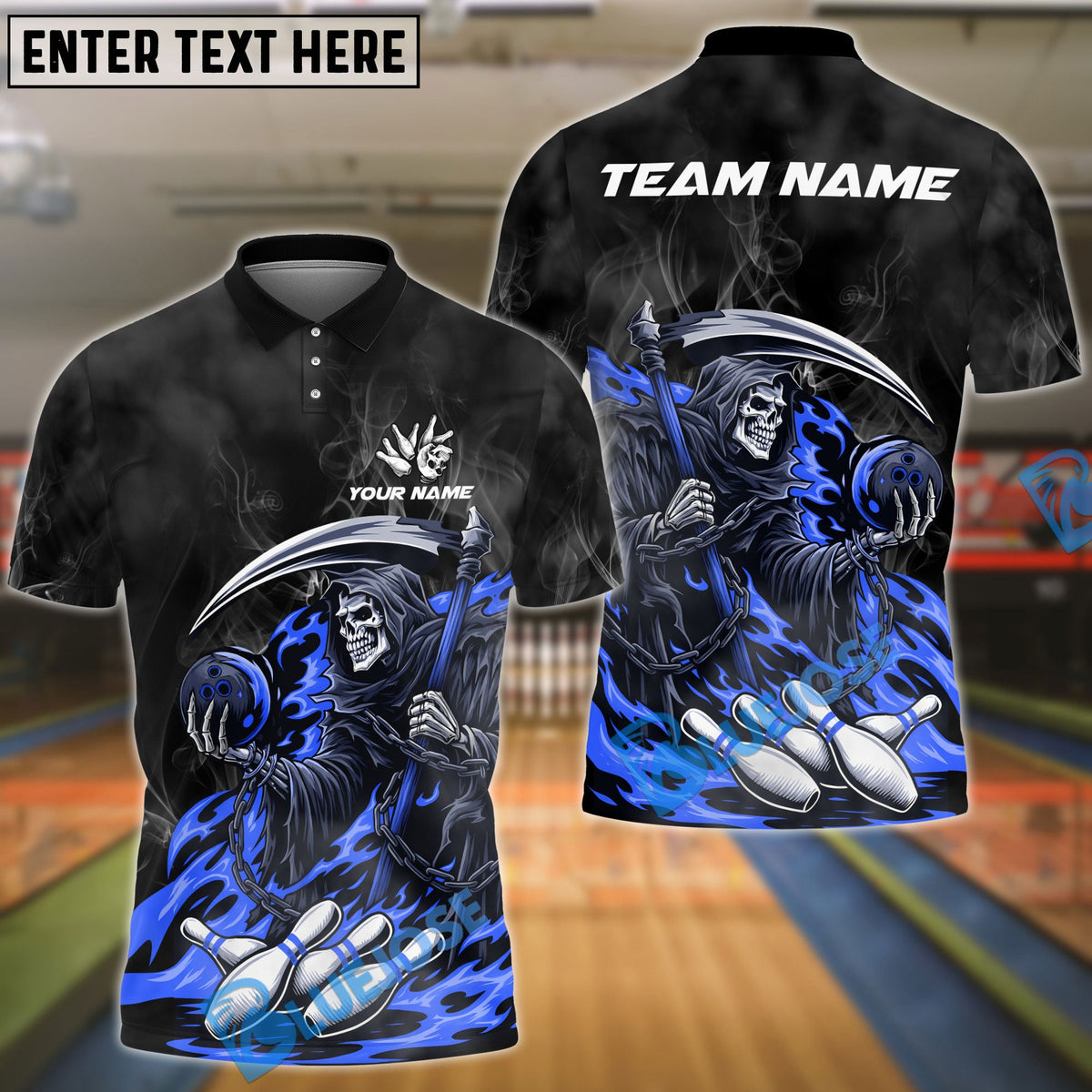 BlueJose Bowling And Pins Flame Reaper Play Customized Name, Team Name 3D Shirt (4 Colors)