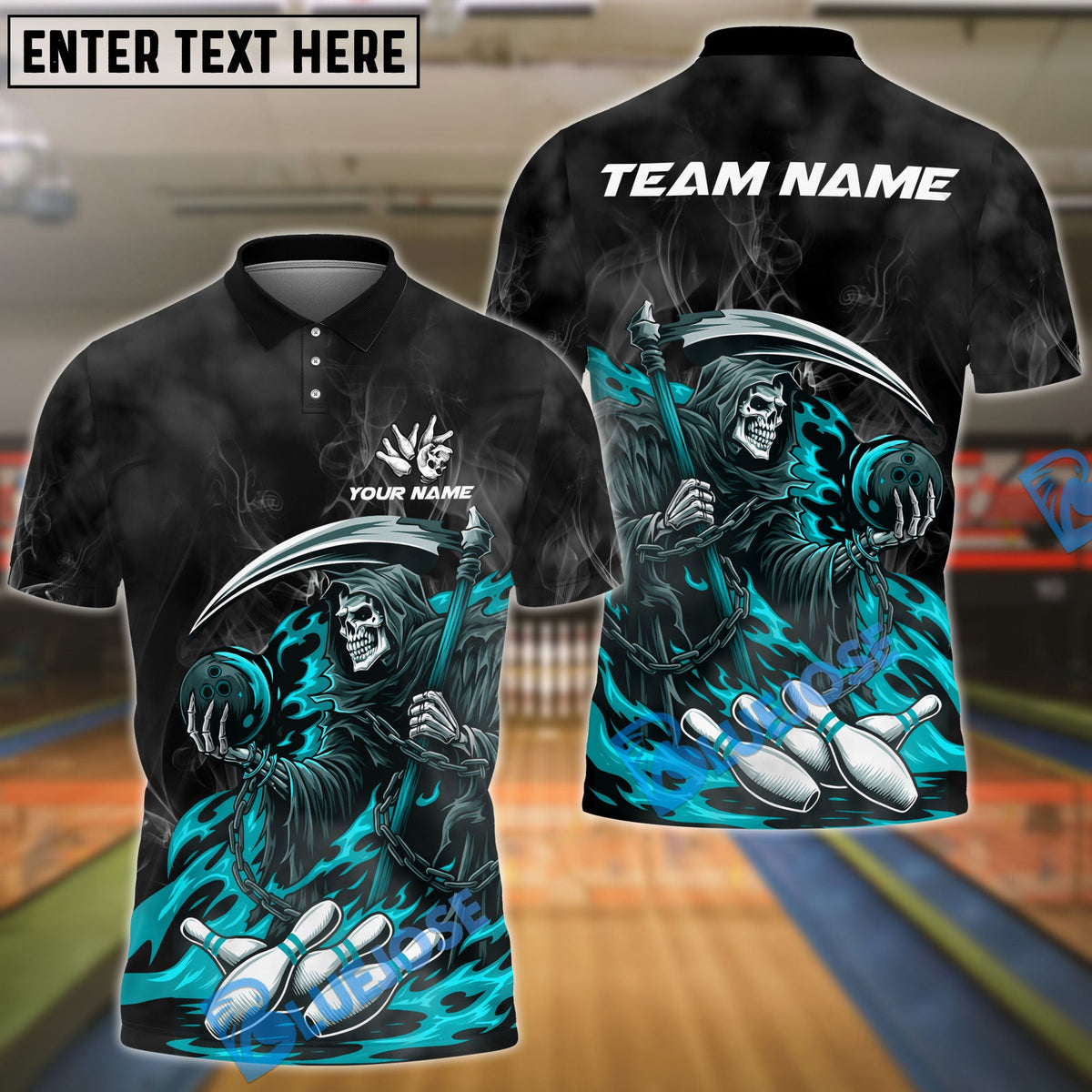 BlueJose Bowling And Pins Flame Reaper Play Customized Name, Team Name 3D Shirt (4 Colors)