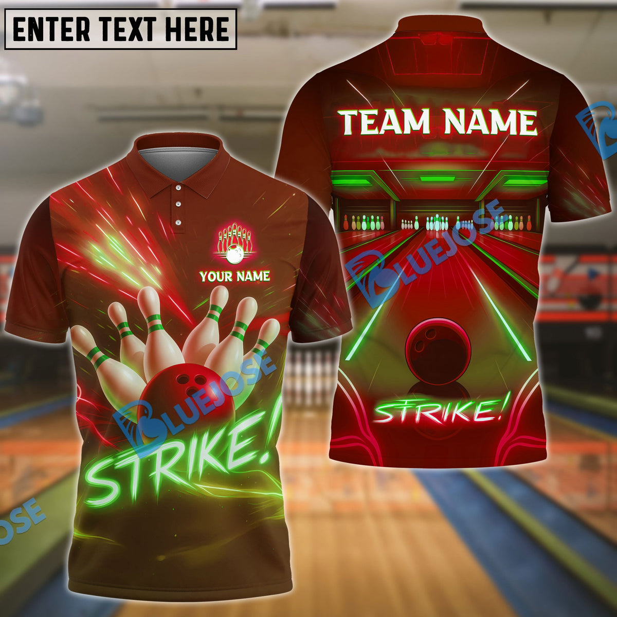 BlueJose Bowling And Pins Neon Strike Lane Customized Name, Team Name 3D Shirt (4 Colors)