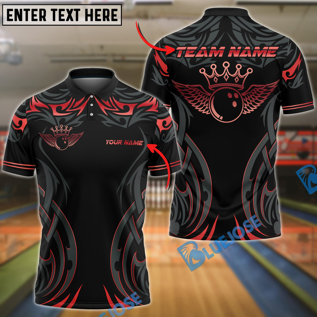 BlueJose Bowling And Pins Gold Crown Wingball Tribal Style Customized Name, Team Name 3D Shirt (4 Colors)