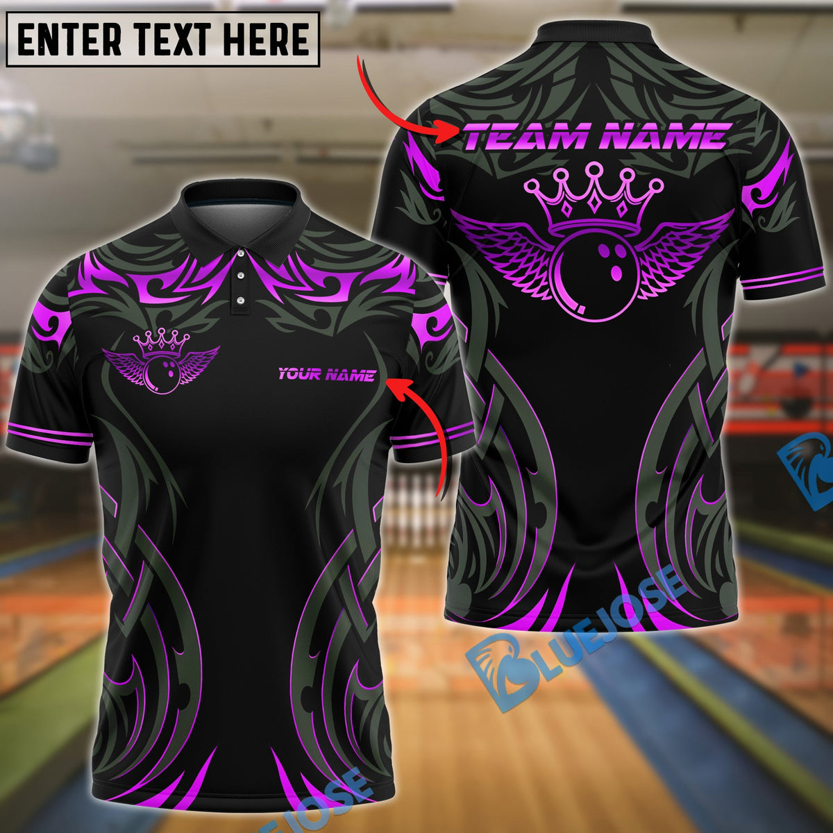 BlueJose Bowling And Pins Gold Crown Wingball Tribal Style Customized Name, Team Name 3D Shirt (4 Colors)