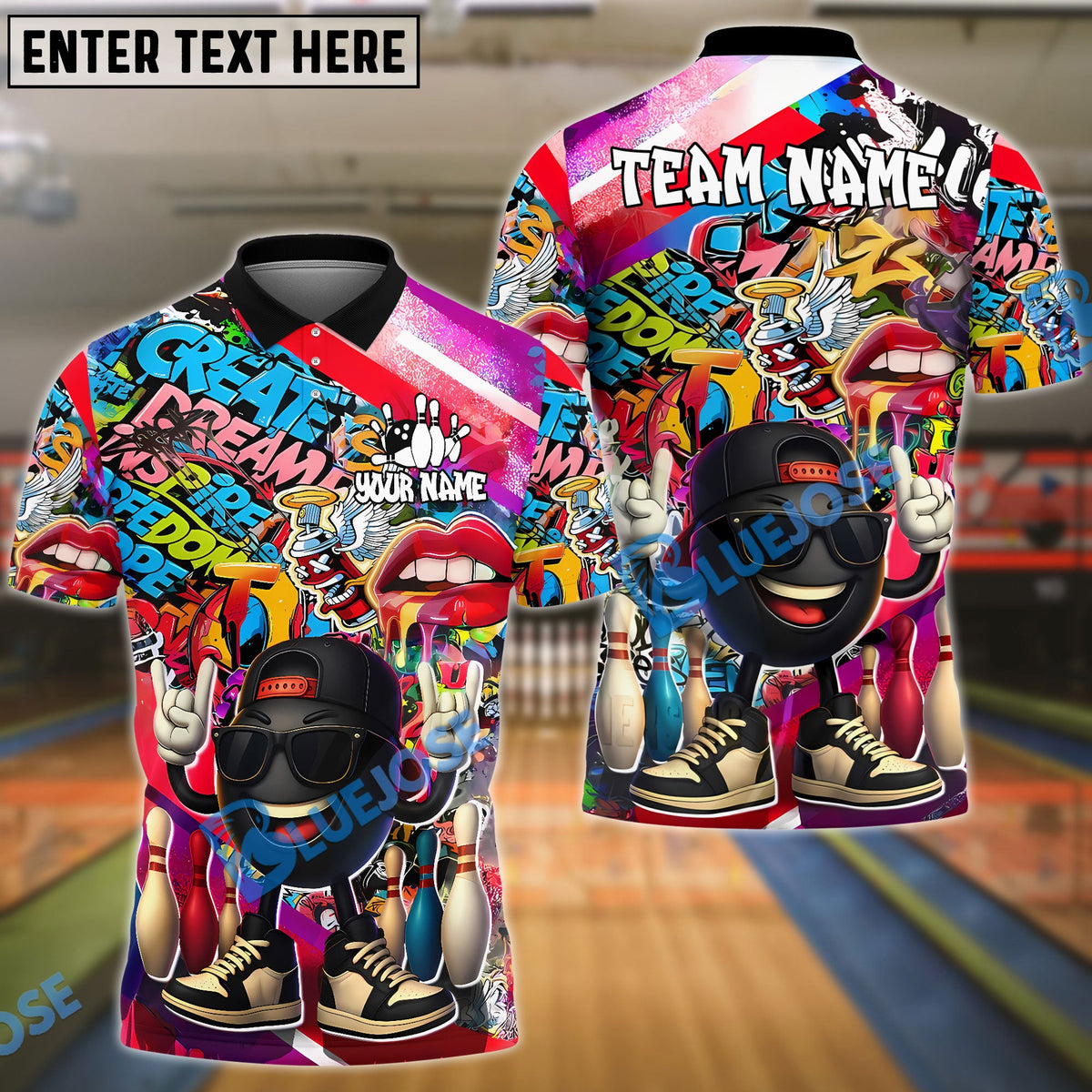 BlueJose Bowling And Pins Graffiti Art Cool Ball Customized Name, Team Name 3D Shirt (4 Colors)