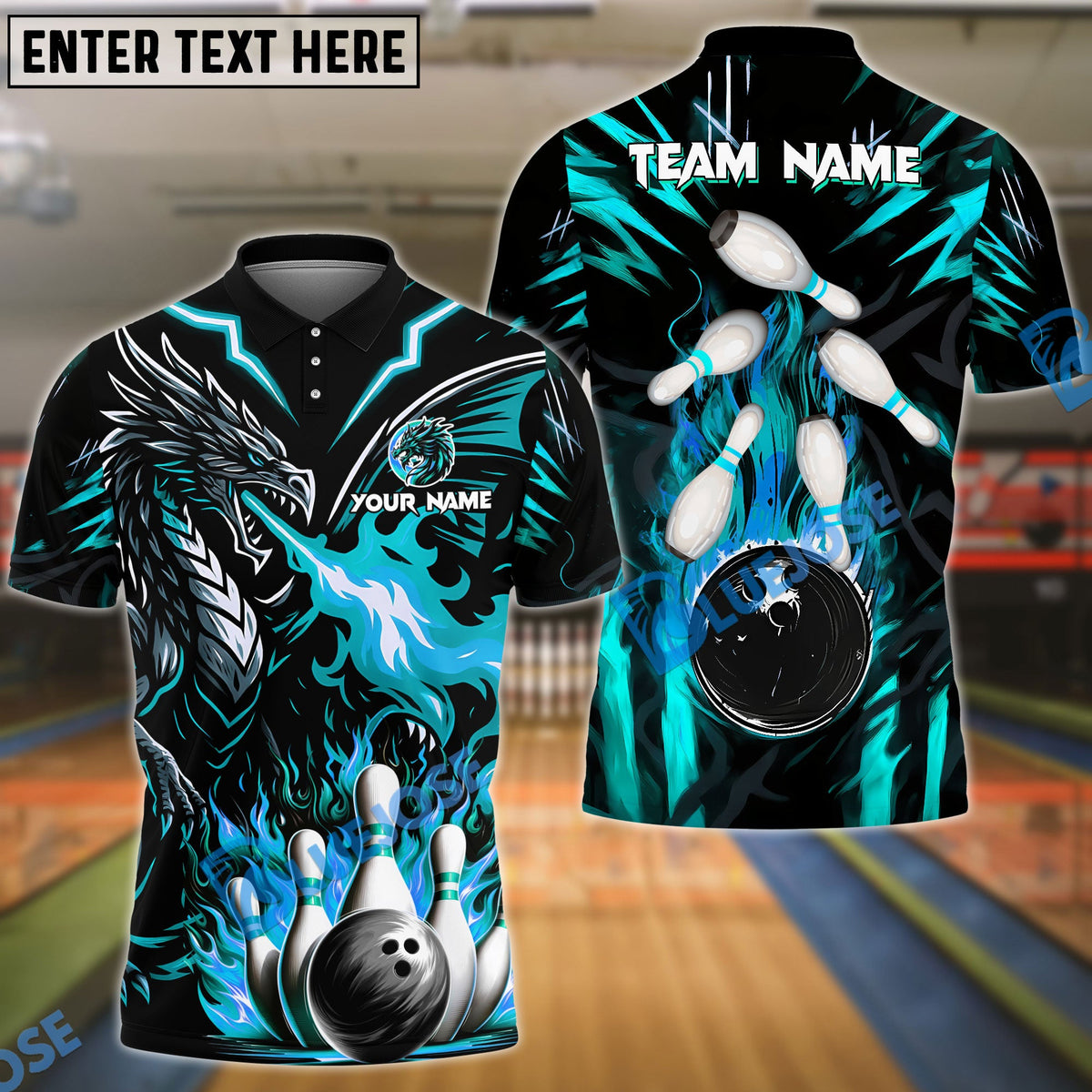 BlueJose Bowling And Pins Dragon Fire Strike Customized Name, Team Name 3D Shirt (4 Colors)