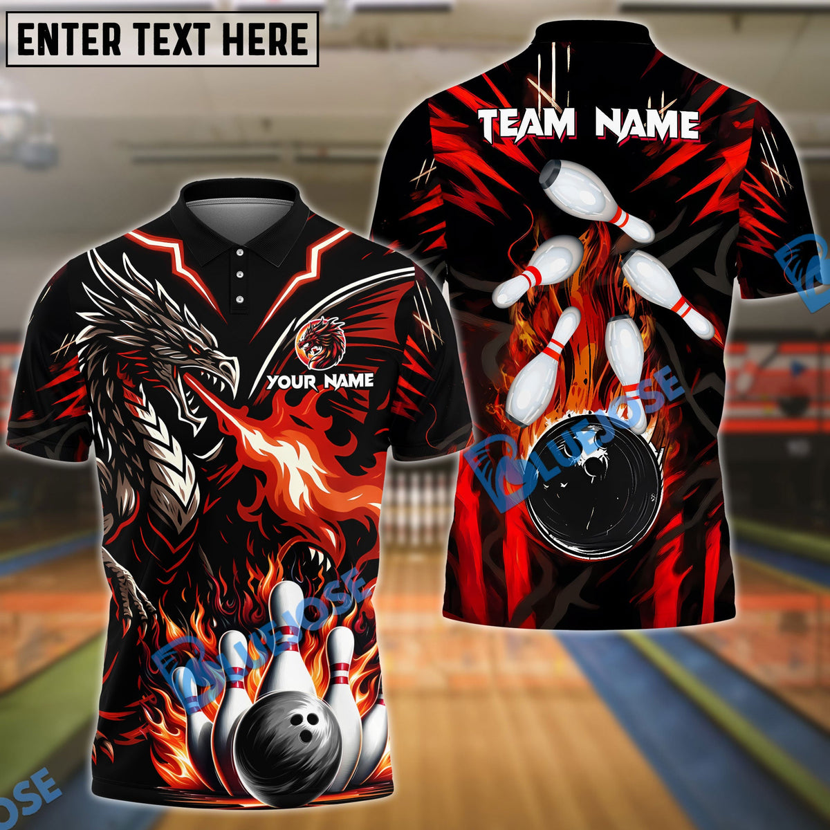 BlueJose Bowling And Pins Dragon Fire Strike Customized Name, Team Name 3D Shirt (4 Colors)