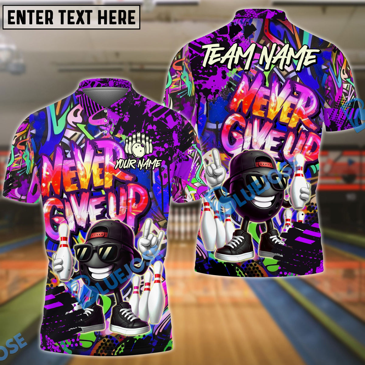 BlueJose Bowling And Pins Cartoon Never Give Up Graffiti Customized Name, Team Name 3D Shirt (4 Colors)