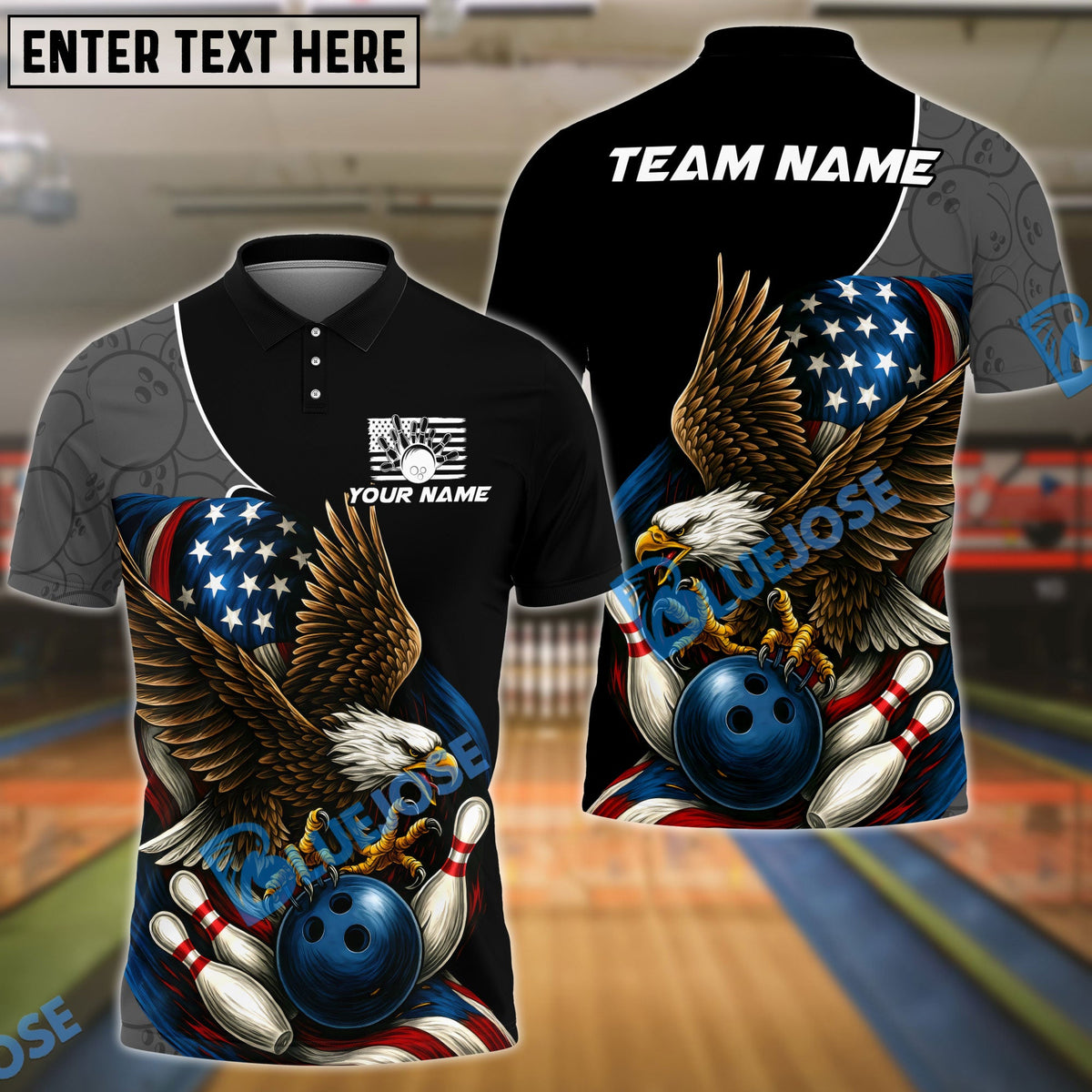 BlueJose Bowling And Pins Patriot Eagle Flag Customized Name, Team Name 3D Shirt (4 Colors)