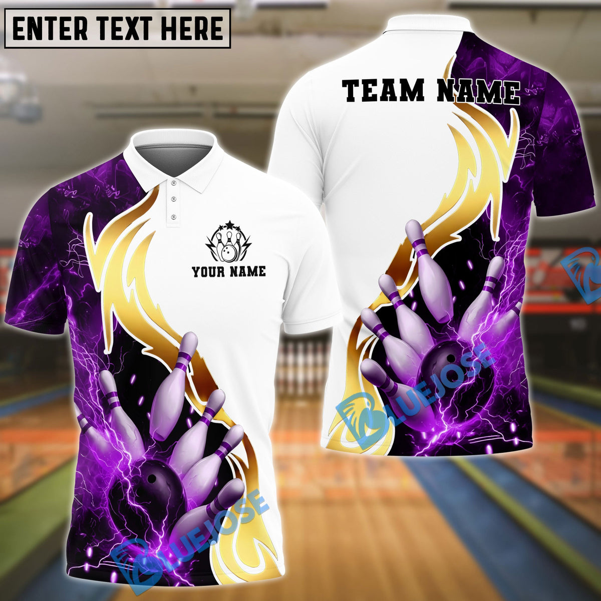 BlueJose Bowling And Pins White Golden Lightning Customized Name, Team Name 3D Shirt (4 Colors)