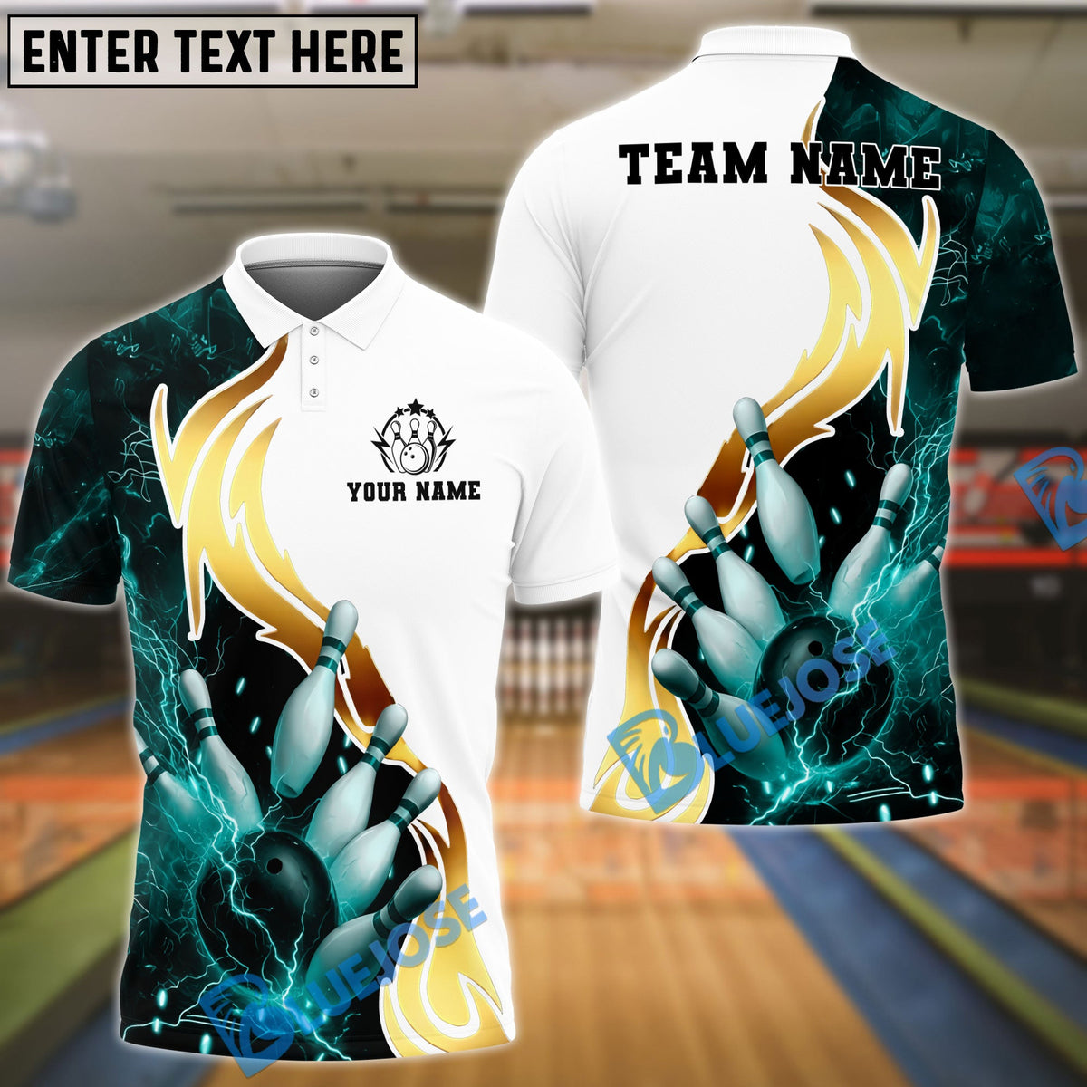 BlueJose Bowling And Pins White Golden Lightning Customized Name, Team Name 3D Shirt (4 Colors)