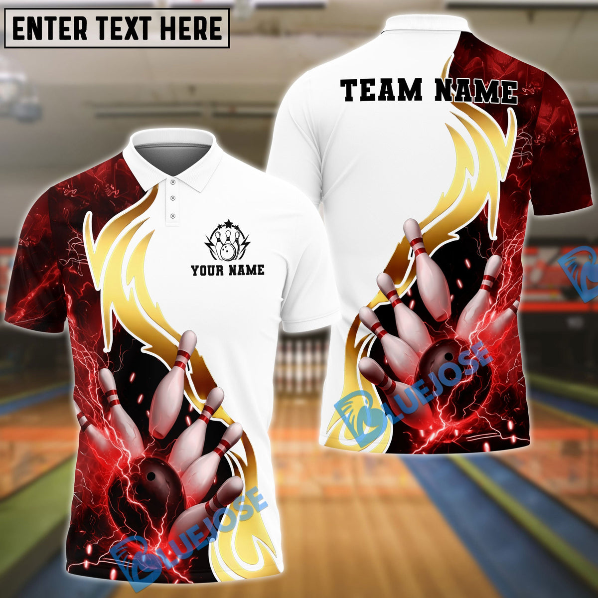 BlueJose Bowling And Pins White Golden Lightning Customized Name, Team Name 3D Shirt (4 Colors)