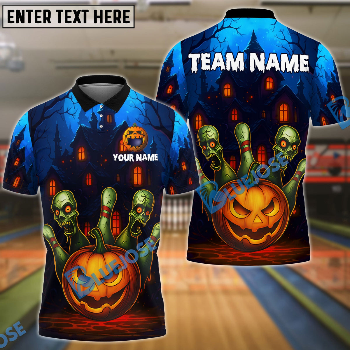 BlueJose Bowling And Pins Halloween Pumpkin Zombie Pins Customized Name, Team Name 3D Shirt (4 Colors)