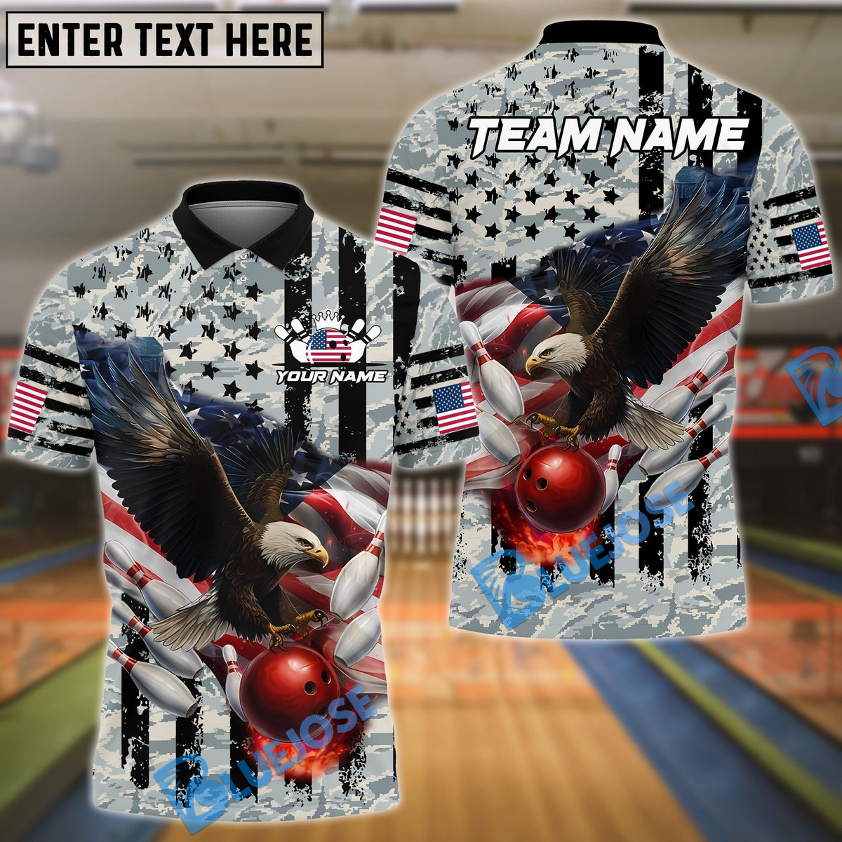 BlueJose Bowling And Pins Eagles Army Flag Camo Multicolor Customized Name 3D Shirt (4 Colors)