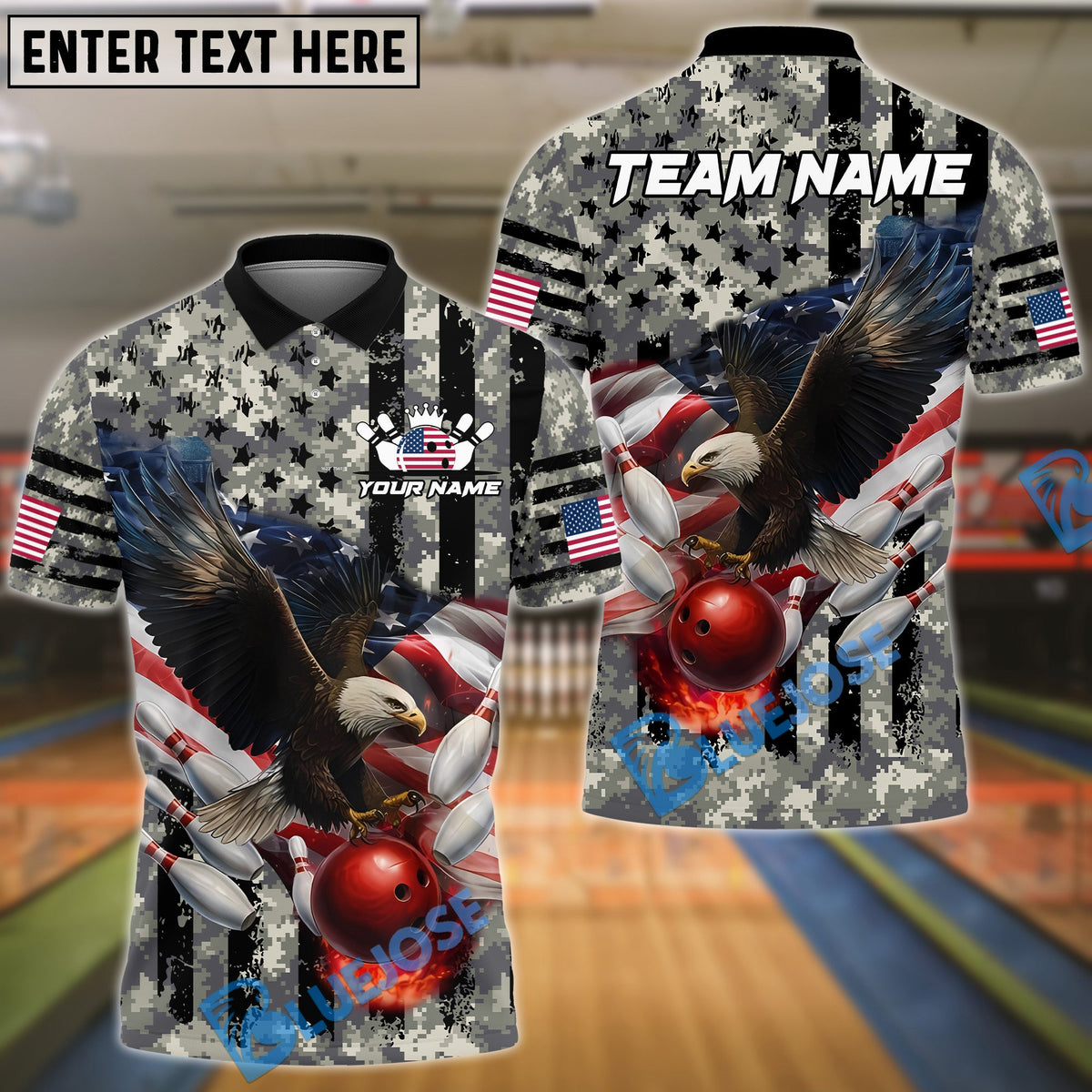 BlueJose Bowling And Pins Eagles Army Flag Camo Multicolor Customized Name 3D Shirt (4 Colors)