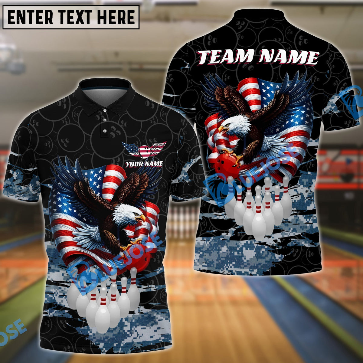 BlueJose Bowling Eagle American Flag Camo Customized Name, Team Name 3D Shirt (4 Colors)