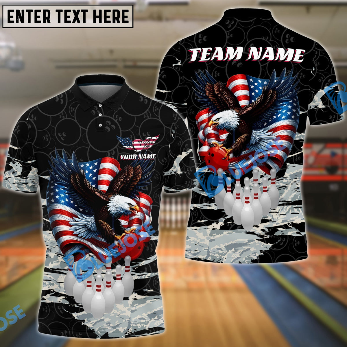 BlueJose Bowling Eagle American Flag Camo Customized Name, Team Name 3D Shirt (4 Colors)