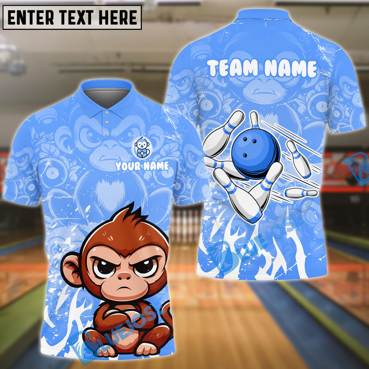 BlueJose Bowling And Pins Cute Baby Monkey Customized Name, Team Name 3D Shirt (4 Colors)